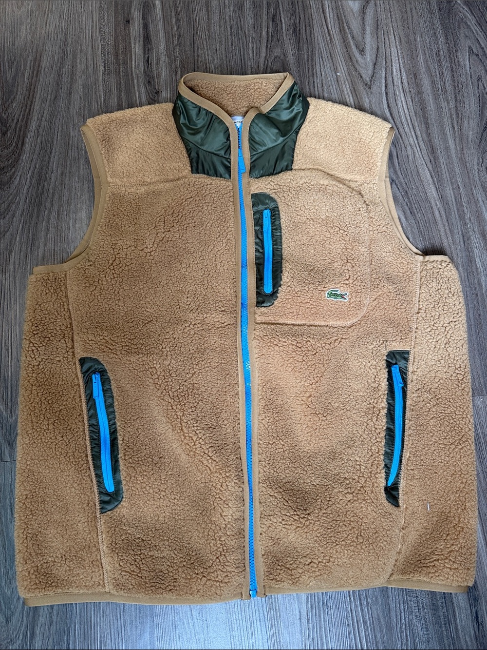 Lacoste Tan Sherpa Vest with Green Trim and Blue Zippers
